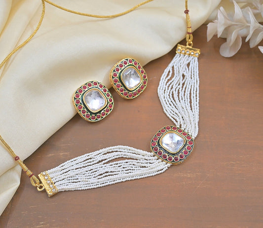 Jewel City Handcrafted Kundan Pearl Necklace Set with Ruby Red Stones - Traditional Indian Wedding Jewelry with Earrings | Swadesiicart