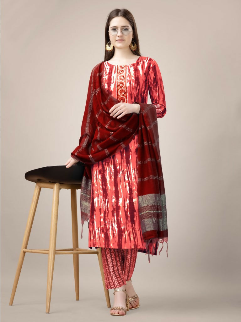 Jyoti Fashion Women's Orange Rayon Print with Embroidery & Fancy Lace Work Kurta with Trouser & Dupatta | Swadesiicart