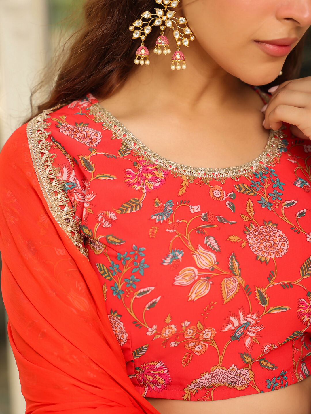 Janasya Red Georgette Floral Lehenga Choli Dupatta | Swadesiicart