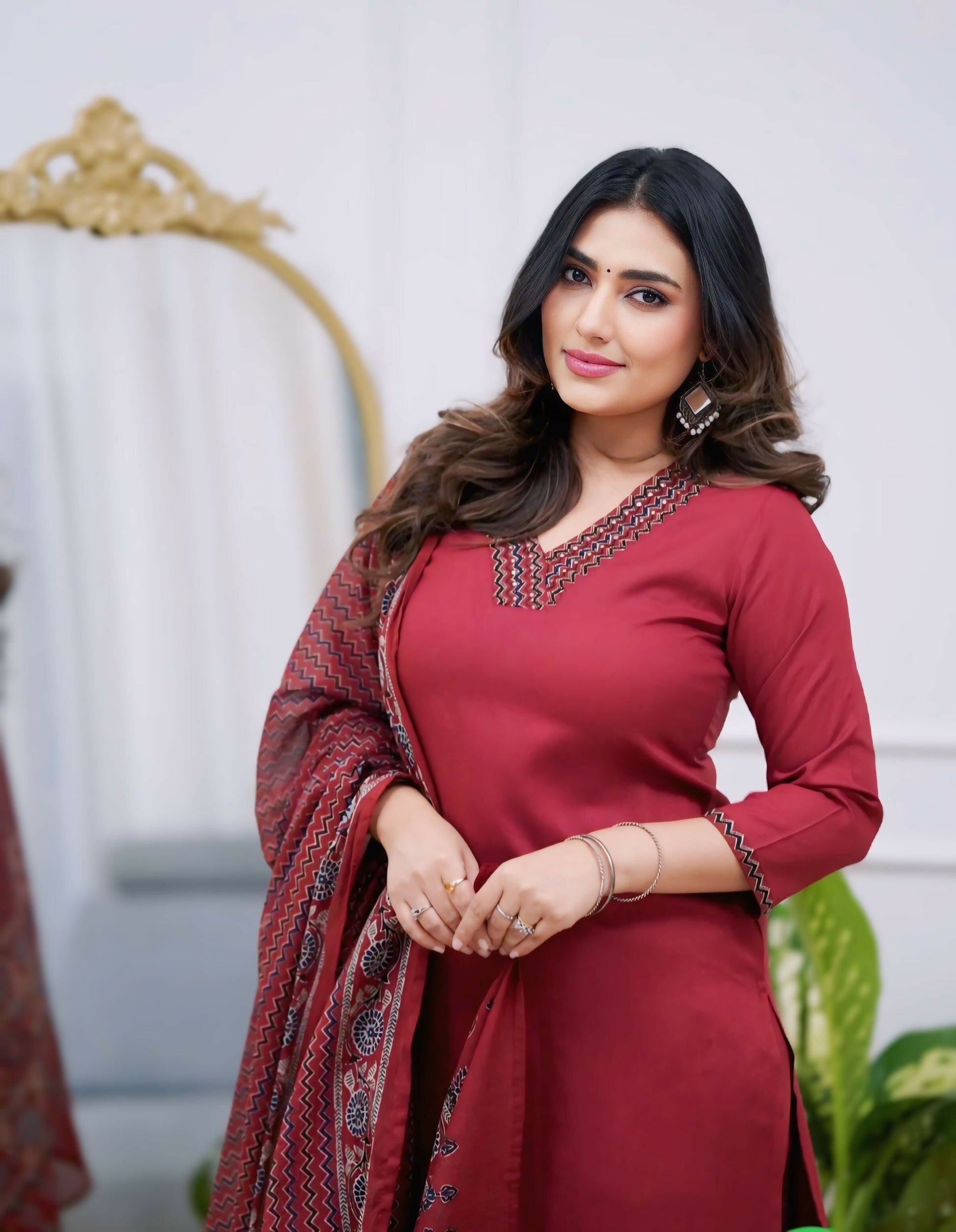 The52 Maroon Women's Gorgeous Parampara Fabric Embroidered Work Straight Kurta Pant and Dupatta Set - Swadesiicart