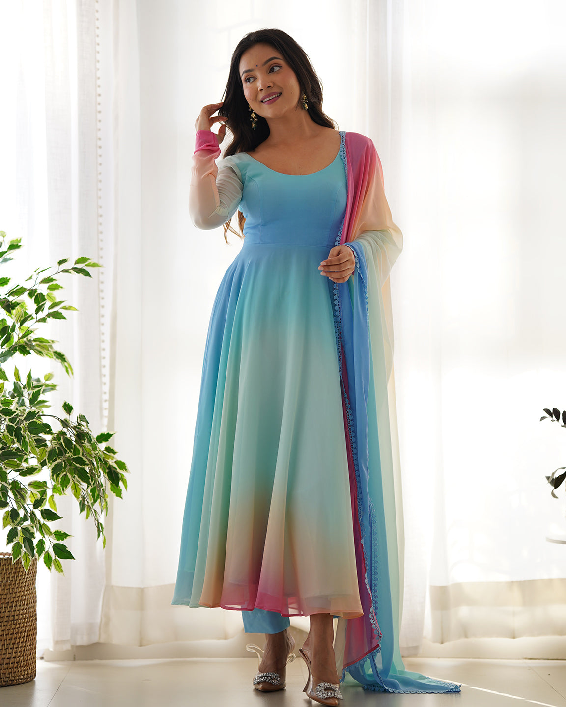 Lorenvalley Fashion Women Pure Soft Georgette Padding Fabric Fully Flair Anarkali Pant With Dupatta Set - Blue | Swadesiicart