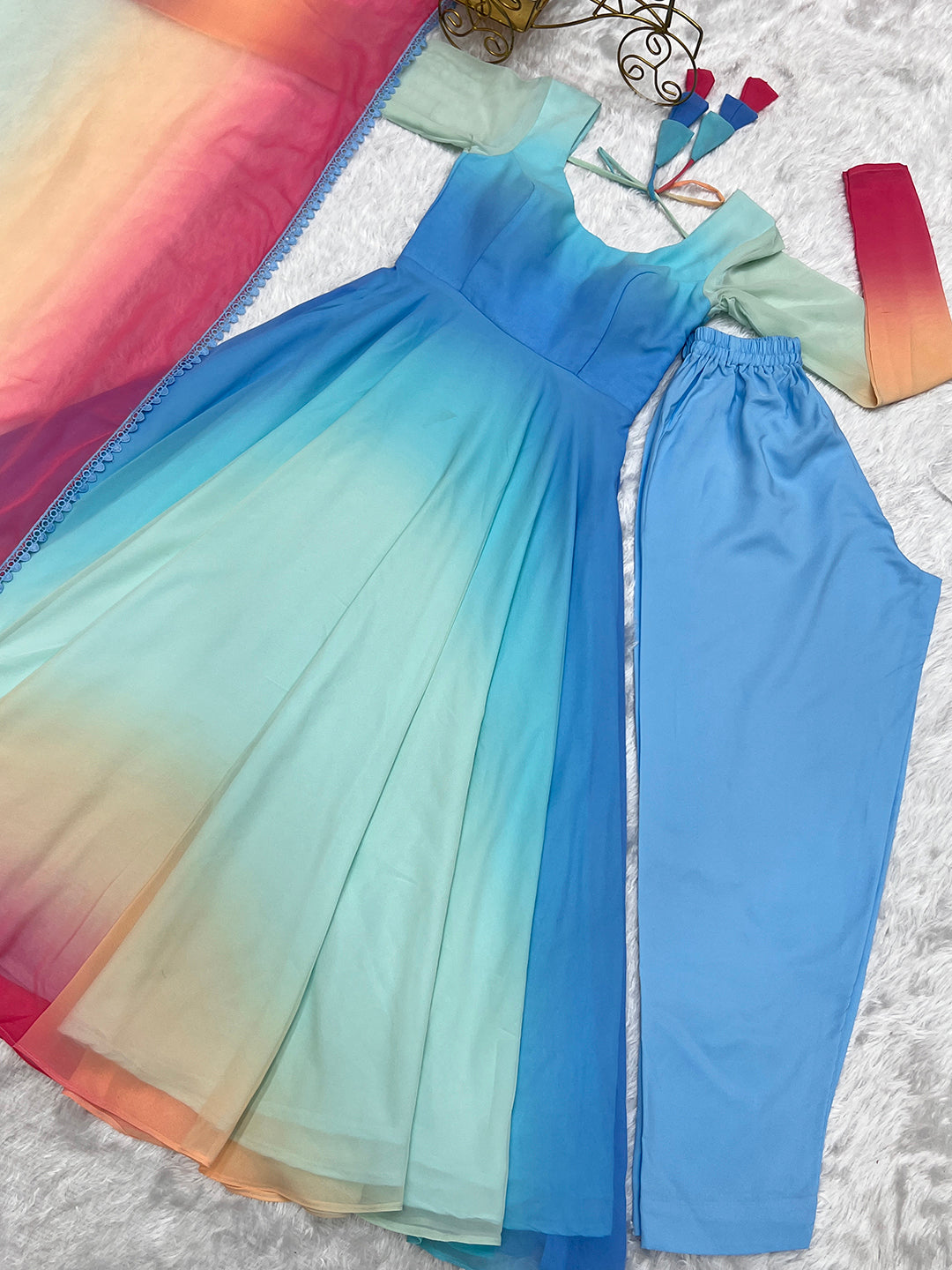 Lorenvalley Fashion Women Pure Soft Georgette Padding Fabric Fully Flair Anarkali Pant With Dupatta Set - Blue | Swadesiicart