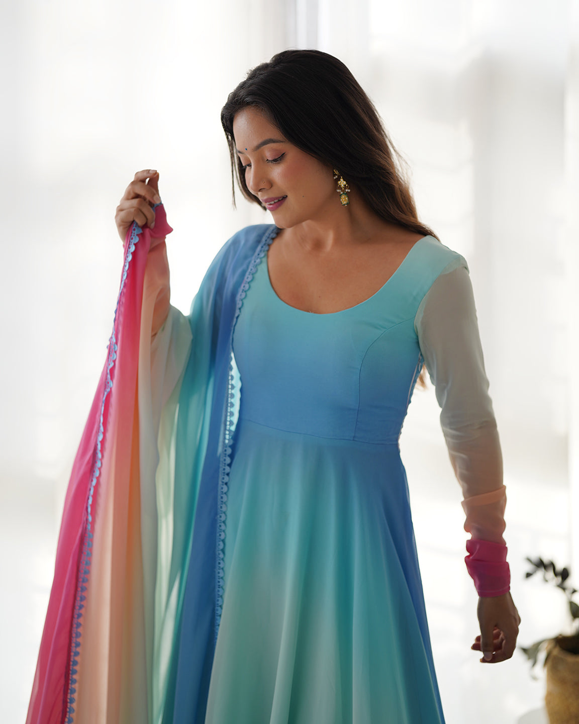 Lorenvalley Fashion Women Pure Soft Georgette Padding Fabric Fully Flair Anarkali Pant With Dupatta Set - Blue | Swadesiicart