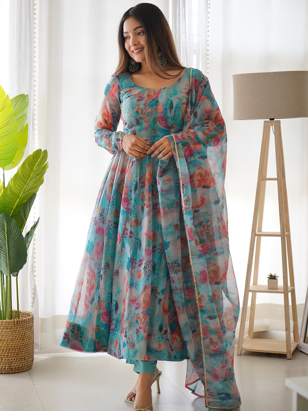 Lorenvalley Fashion Women Tabby Organza Silk Fully Flair Kali Pattern Anarkali Pant With Dupatta Set - Blue | Swadesiicart