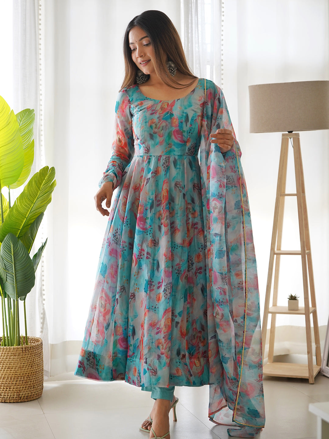 Lorenvalley Fashion Women Tabby Organza Silk Fully Flair Kali Pattern Anarkali Pant With Dupatta Set - Blue | Swadesiicart