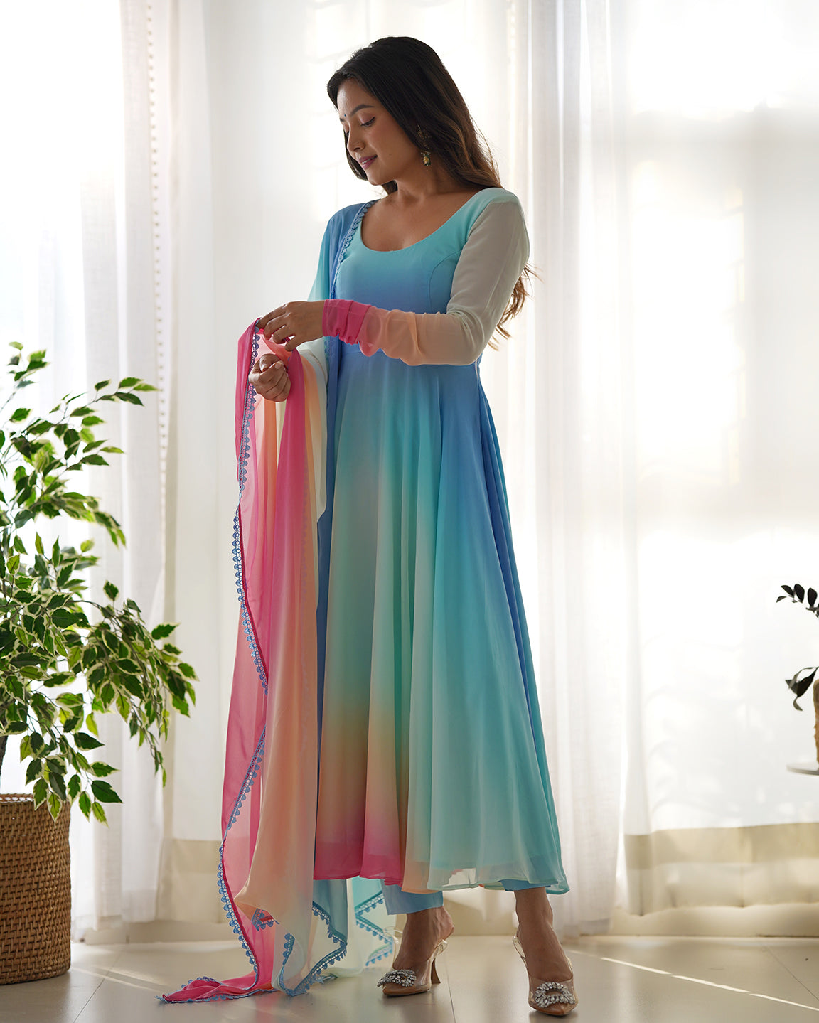 Lorenvalley Fashion Women Pure Soft Georgette Padding Fabric Fully Flair Anarkali Pant With Dupatta Set - Blue | Swadesiicart