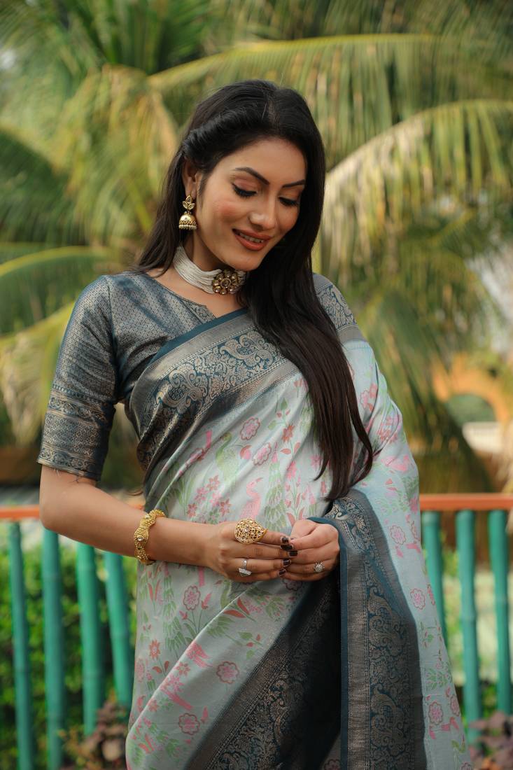Anaita Sky Blue Woven Design Pure Kanjivaram Soft Satin Silk Saree With Blouse