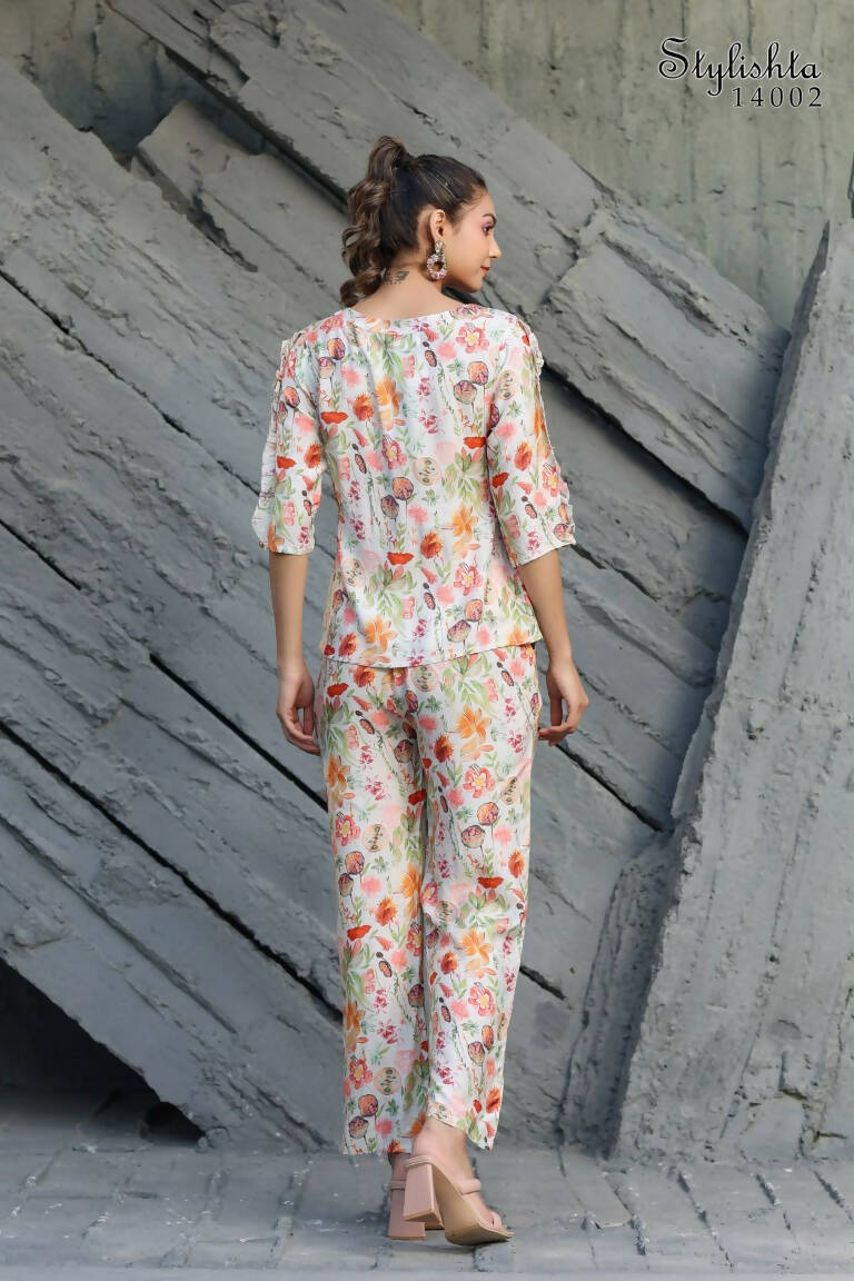 Women's Partywear Designer White & Multi Muslin co-ord set - Stylishta - Swadesiicart