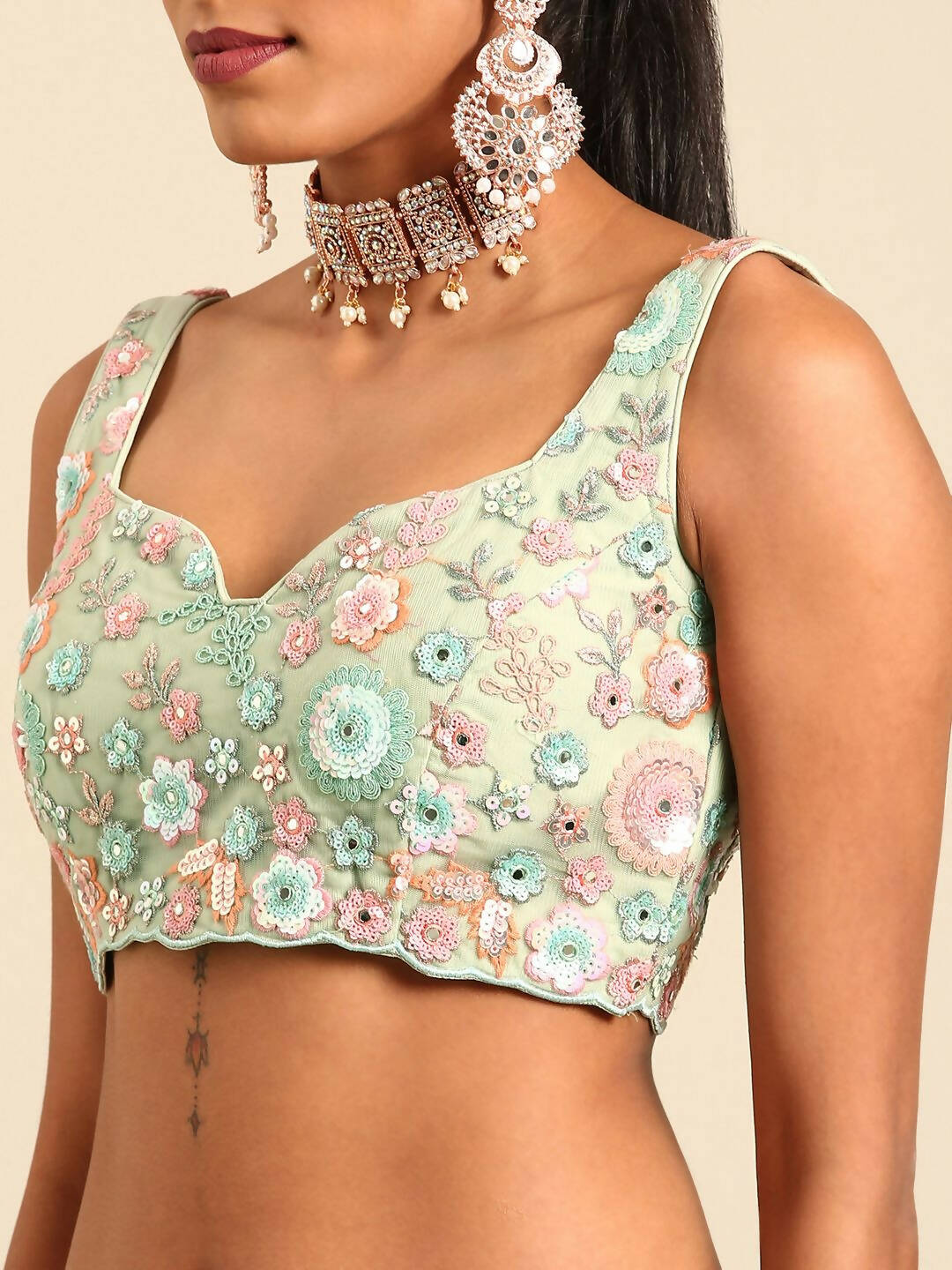 House of Panchhi Lime Green Net Sequins, Mirror and thread embroidery Lehenga choli & Dupatta | Swadesiicart