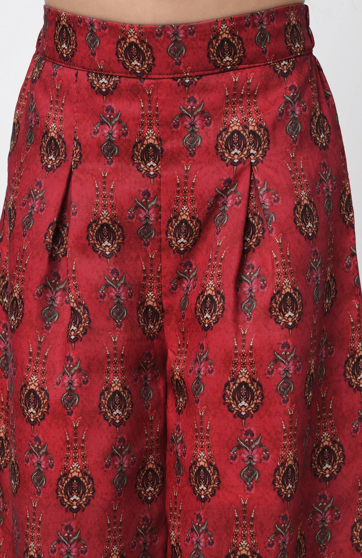 Lil Drama Ethnic Twist Girls Red Print Box Pleat Pant With Top Co-Ordinate Set - Swadesiicart