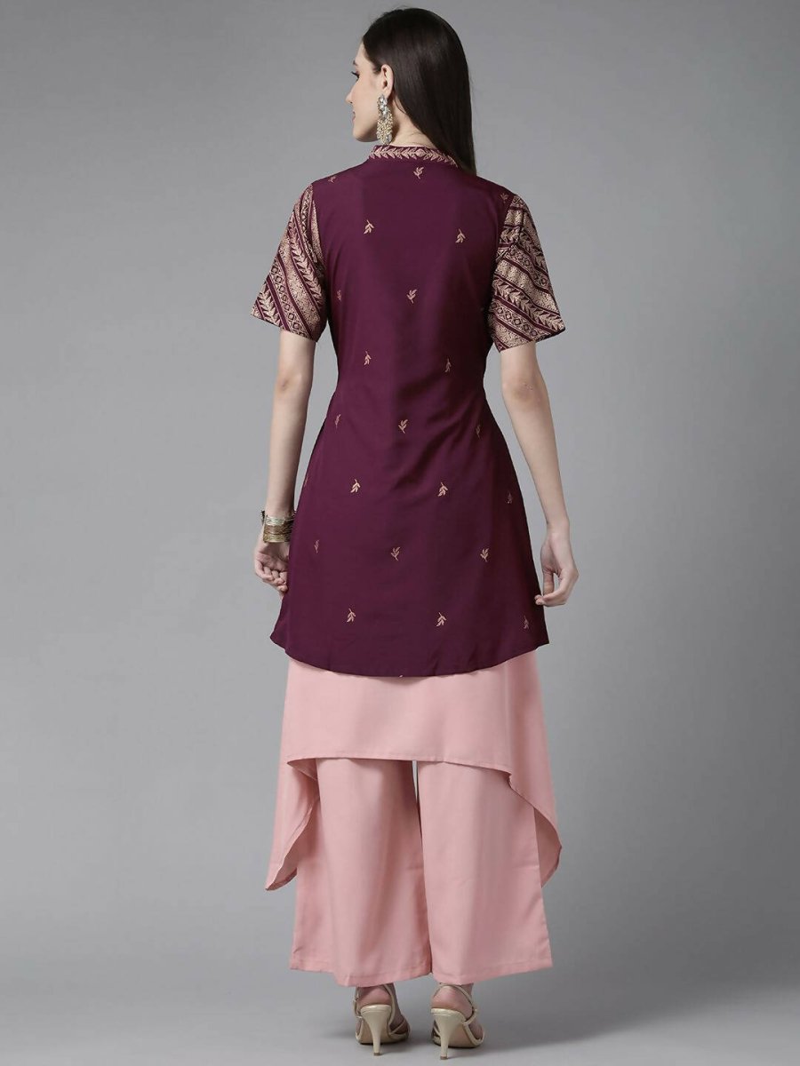 Ahalyaa Women Rose Pink Crepe Kurta Palazzos Set With Burgundy Jacket | Swadesiicart