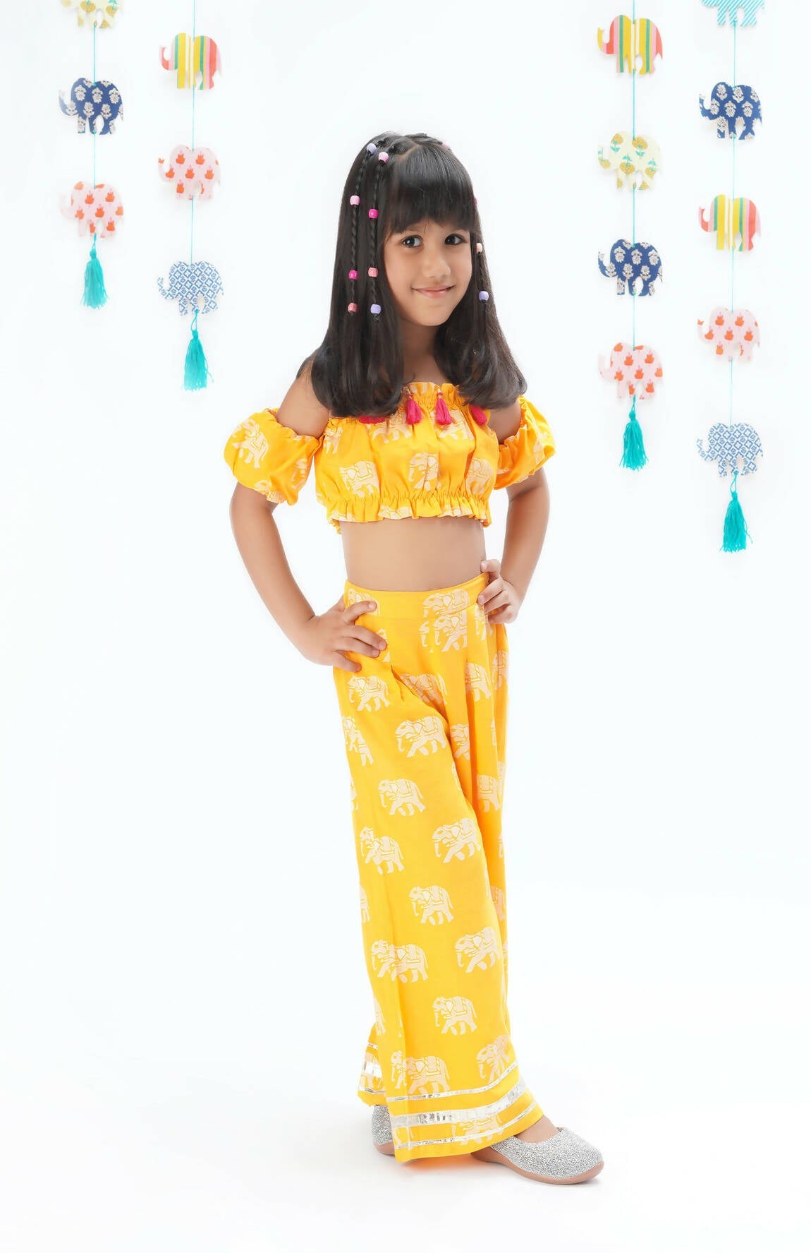 Lil Drama Trunk Tales Girls Yellow Crop Top With Pants Co-Ordinate Set - Swadesiicart