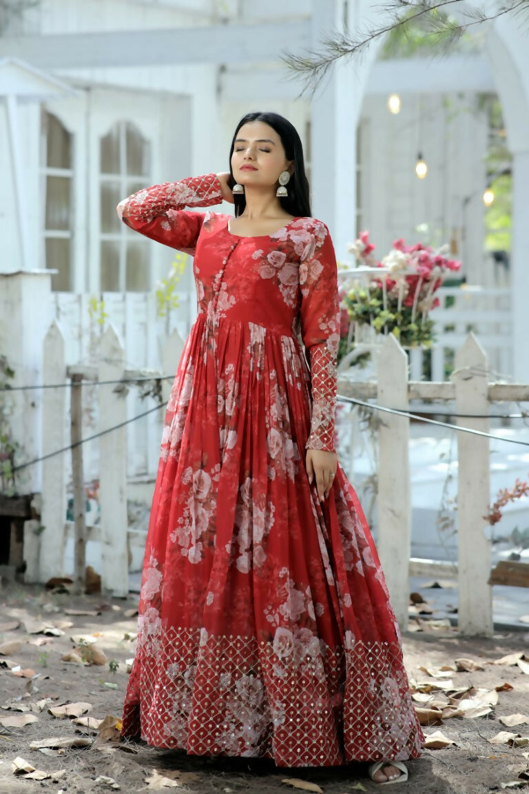 Jyoti Fashion Women's Red Sequence Zari Embroidered Faux Georgette Anarkali Dress | Swadesiicart