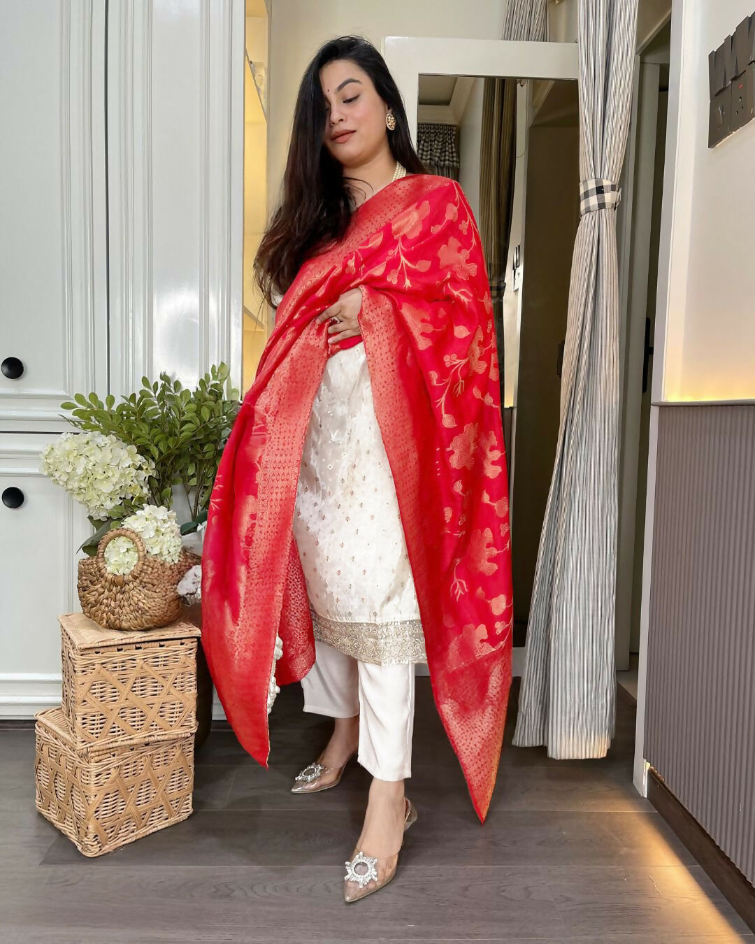 The52 White Women's Beautiful Chanderi Jacquard Fabric Embroidered Work Straight Kurta Pant and Dupatta Set - Swadesiicart