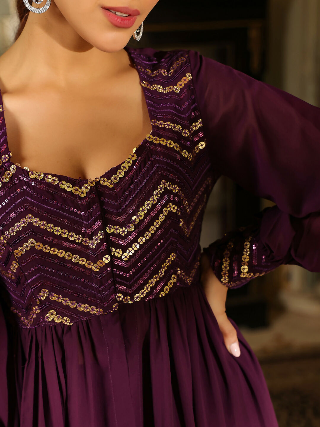 Janasya Purple Georgette Sequined Tunic & Bottom | Swadesiicart