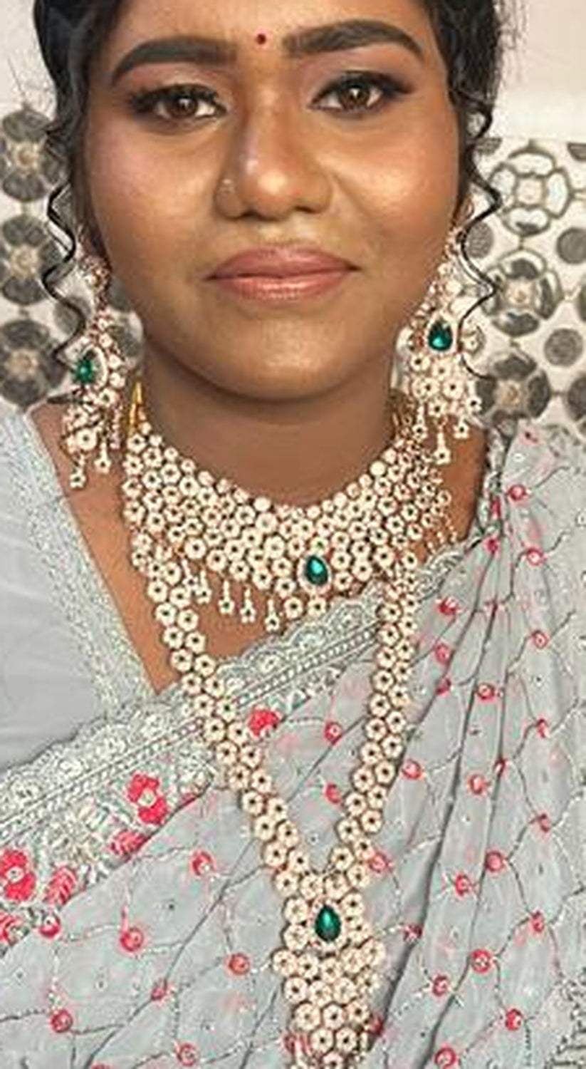 Jewel City Emerald Green Bridal Jewelry Set - Premium AD Choker Set with Nath, Earrings & Hand Chain - Handcrafted Wedding Collection Kundan Style | Swadesiicart