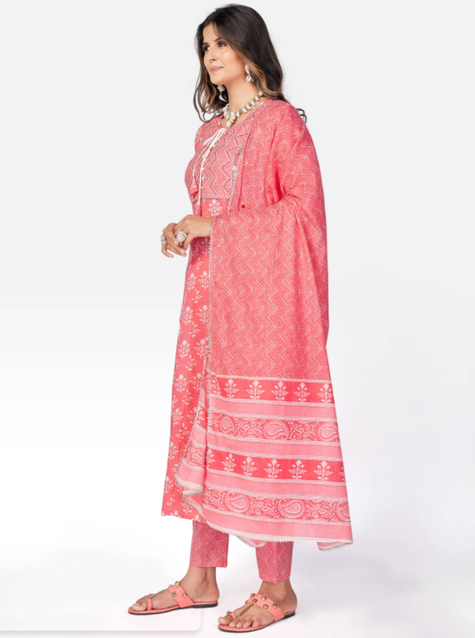 NOZ2TOZ Women Pink Anarkali Cotton Kurta With Pant & Dupatta (3pcs Set) - Swadesiicart