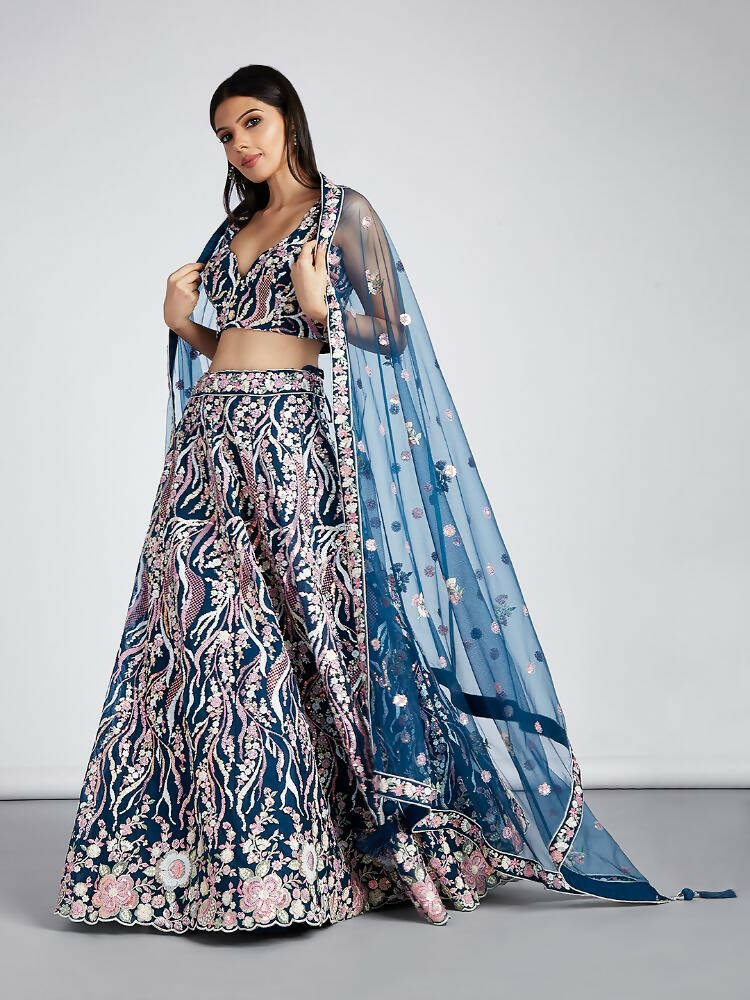 House of Panchhi Navy Blue Net Sequins And Thread Embroidery Lehenga Choli & Dupatta | Swadesiicart