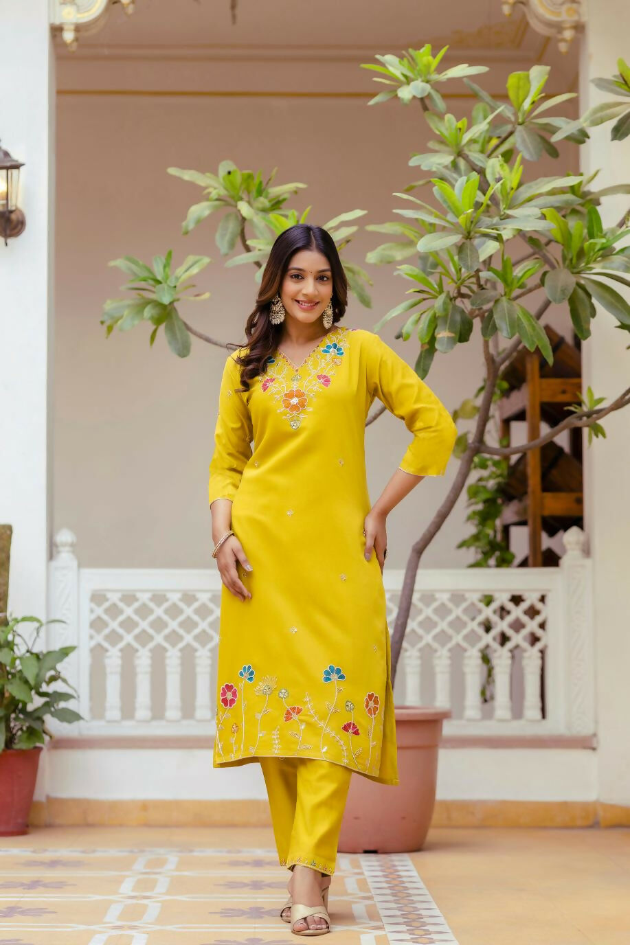 The52 Yellow Women's Gorgeous Embroidered work Viscose Gadhwal Fabric Straight Kurta, Pant and Dupatta Set - Swadesiicart