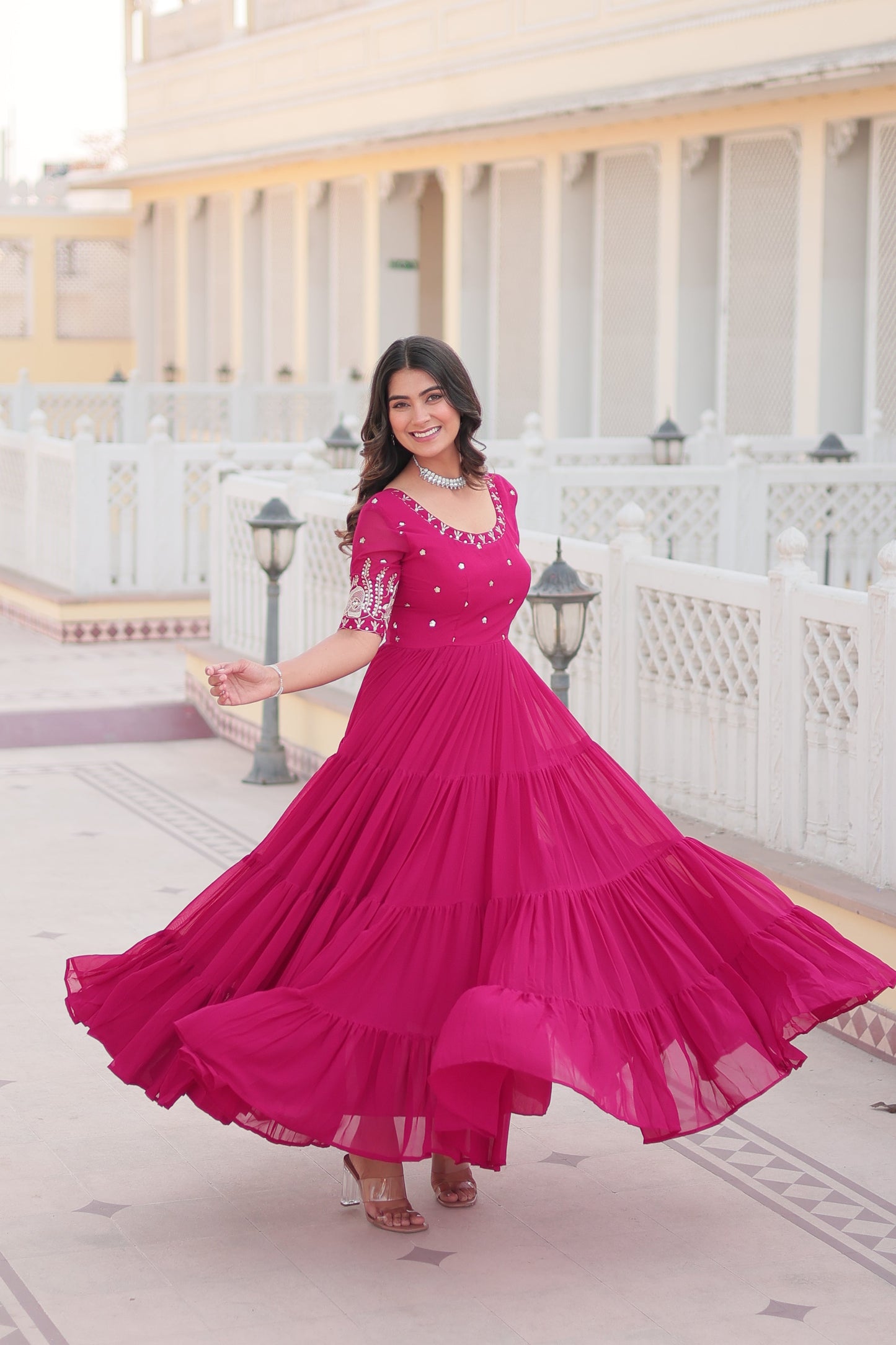 Sonakshi Women's Rani Pink Faux Blooming Sequins with Zari Embroidered Long Anarkali Dress - Swadesiicart