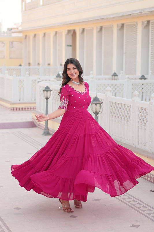 Sonakshi Women's Rani Pink Faux Blooming Sequins with Zari Embroidered Long Anarkali Dress - Swadesiicart