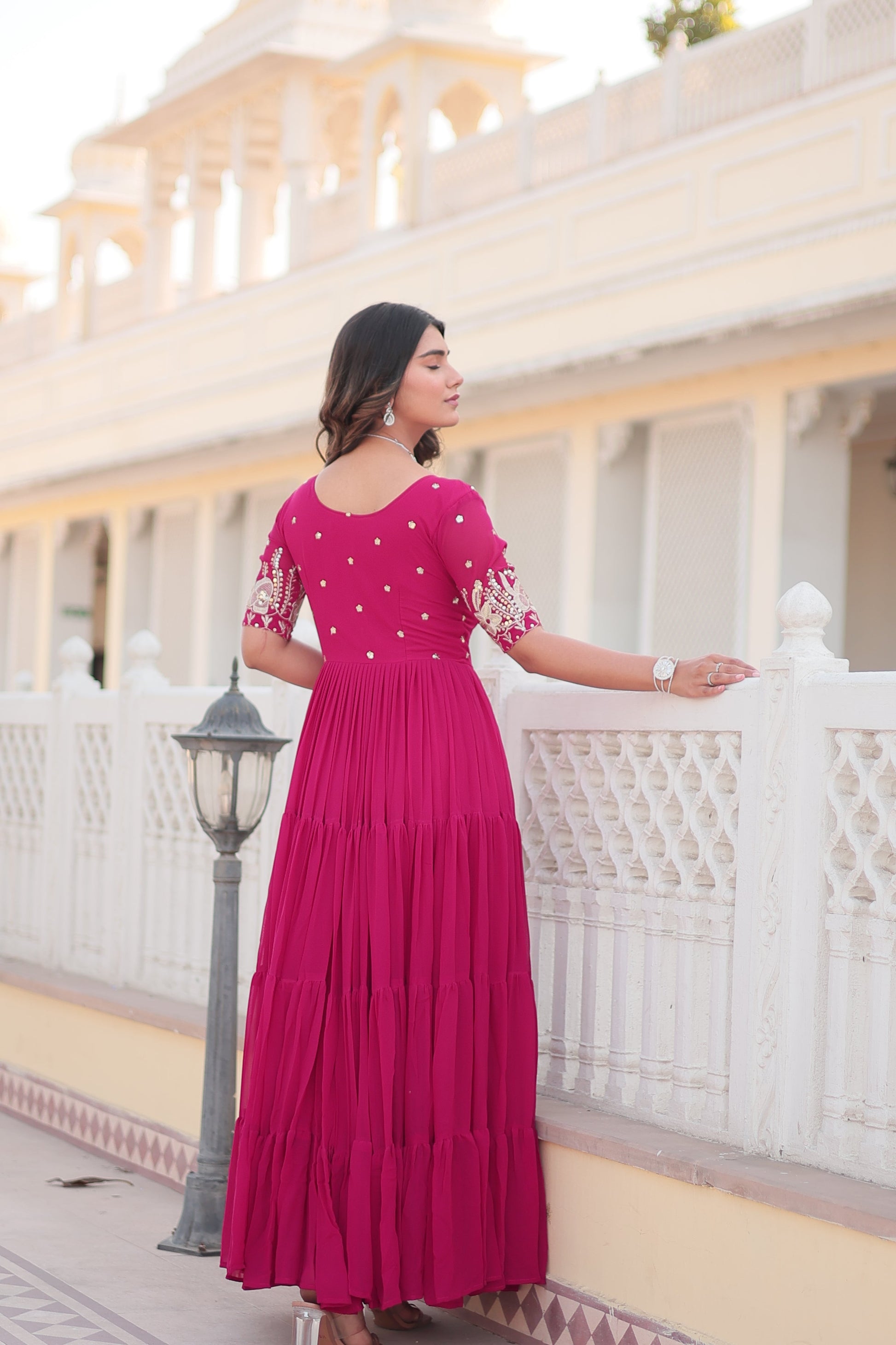 Sonakshi Women's Rani Pink Faux Blooming Sequins with Zari Embroidered Long Anarkali Dress - Swadesiicart