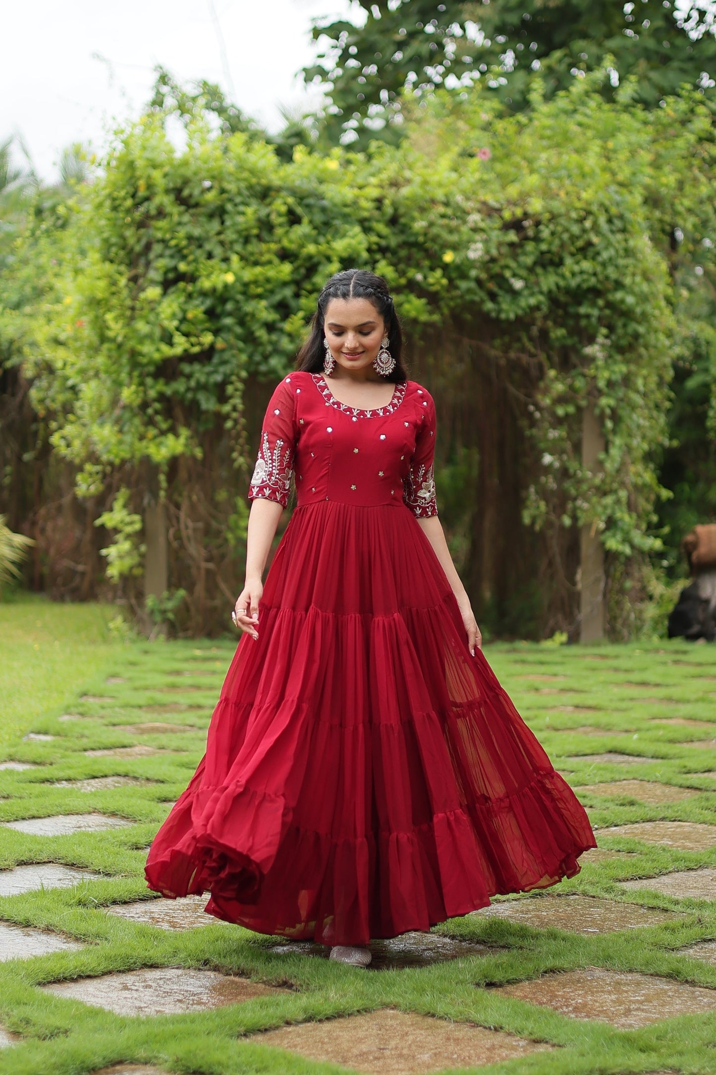 Sonakshi Women's Maroon Faux Blooming Sequins with Zari Embroidered Long Anarkali Dress - Swadesiicart