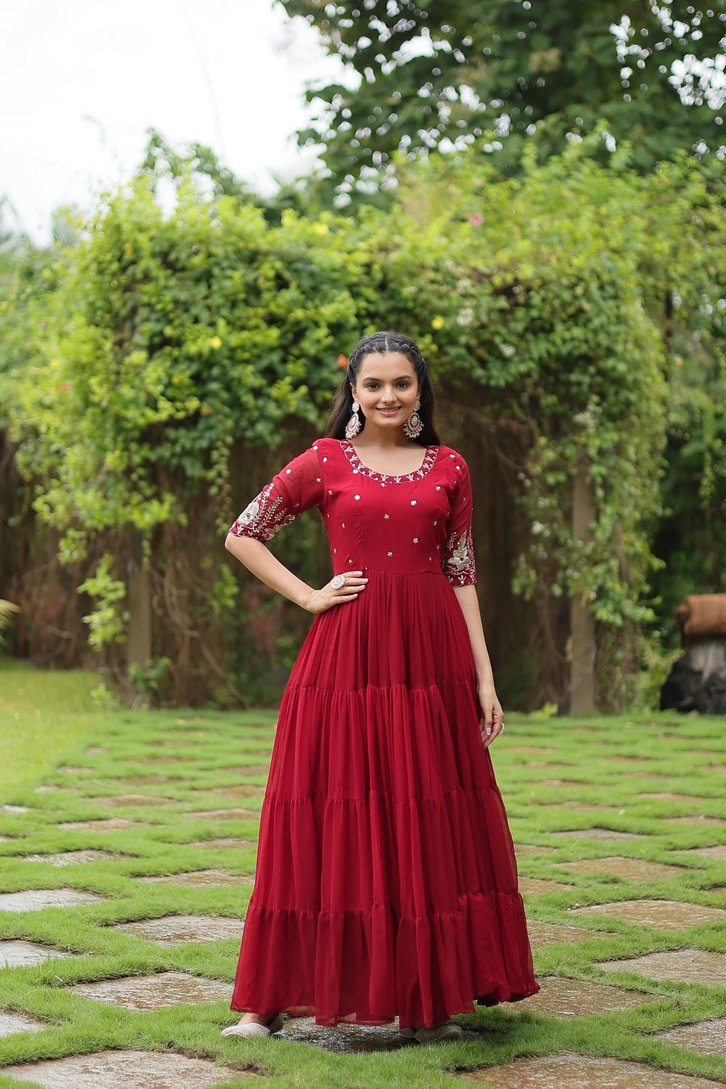 Sonakshi Women's Maroon Faux Blooming Sequins with Zari Embroidered Long Anarkali Dress - Swadesiicart