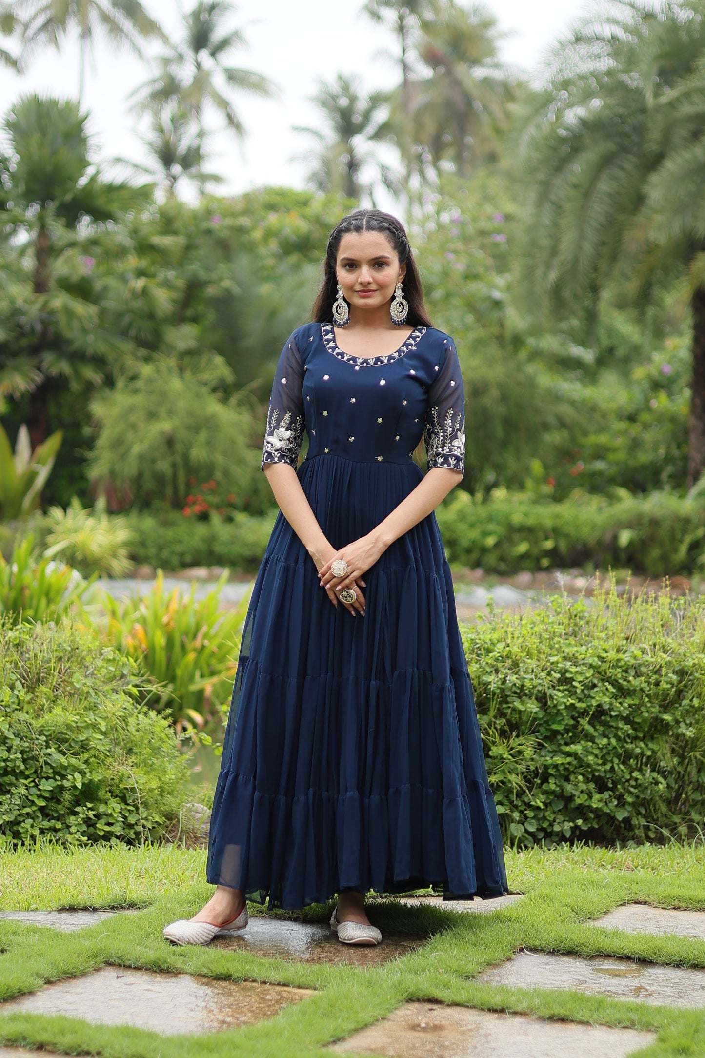 Sonakshi Women's Morpich Faux Blooming Sequins with Zari Embroidered Long Anarkali Dress - Swadesiicart