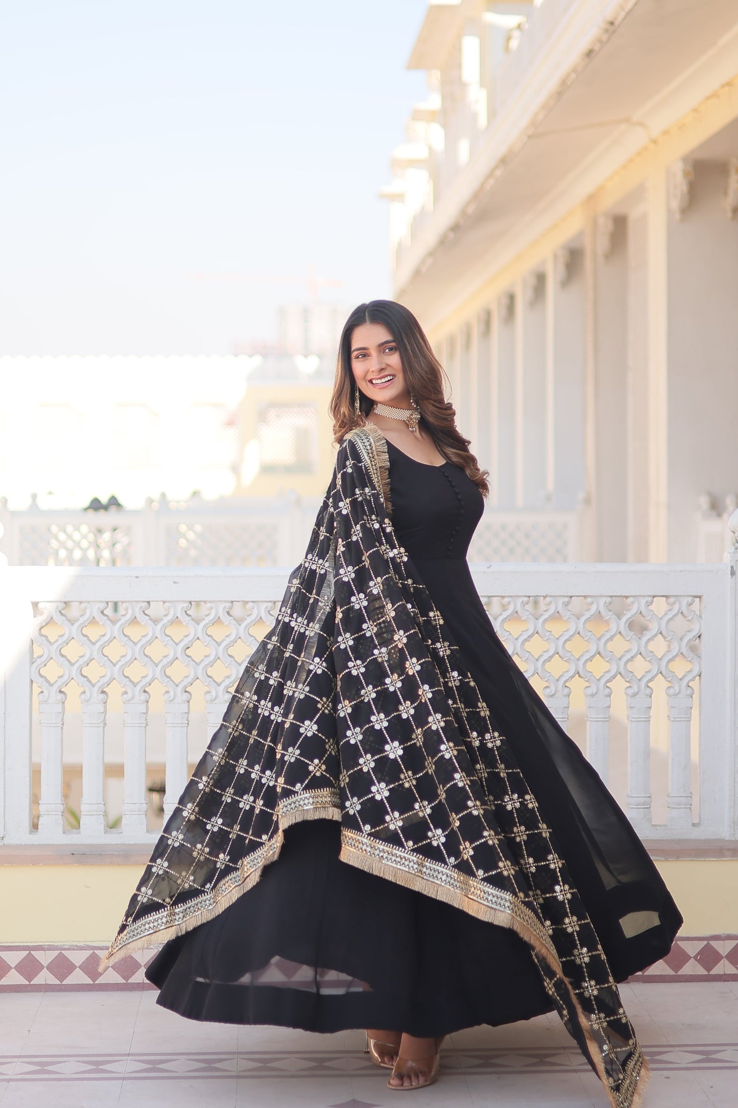 Sonakshi Women's Black Faux Blooming Sequins Embroidered Anarkali Dress with Dupatta - Swadesiicart