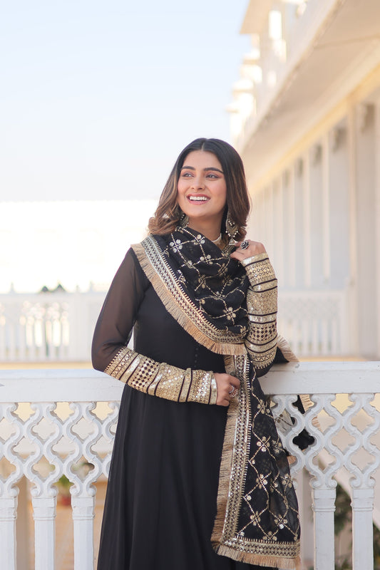 Sonakshi Women's Black Faux Blooming Sequins Embroidered Anarkali Dress with Dupatta - Swadesiicart