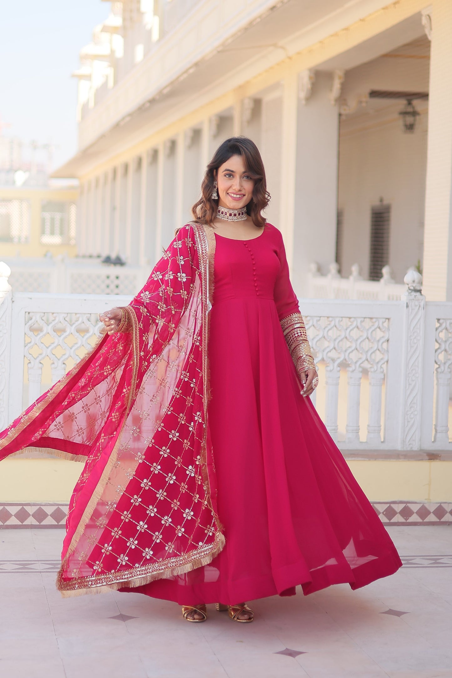 Sonakshi Women's Pink Faux Blooming Sequins Embroidered Anarkali Dress with Dupatta - Swadesiicart