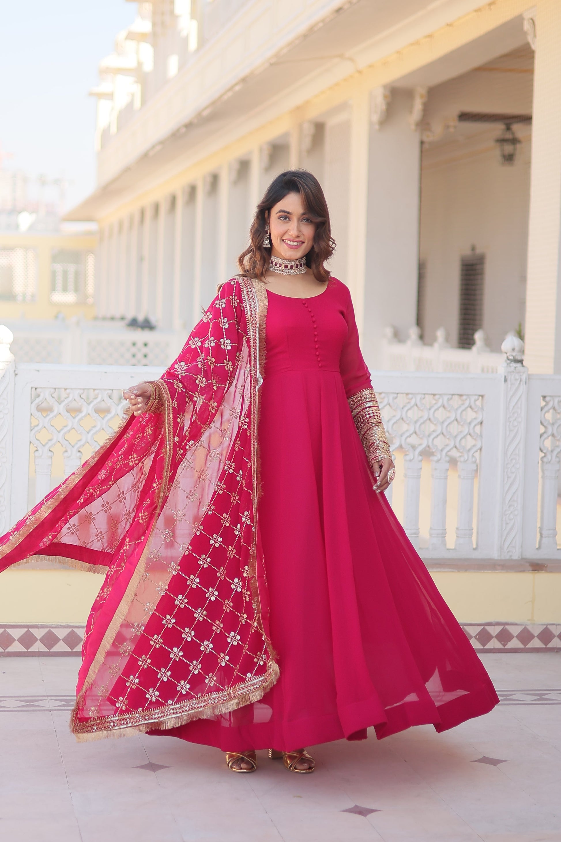 Sonakshi Women's Pink Faux Blooming Sequins Embroidered Anarkali Dress with Dupatta - Swadesiicart