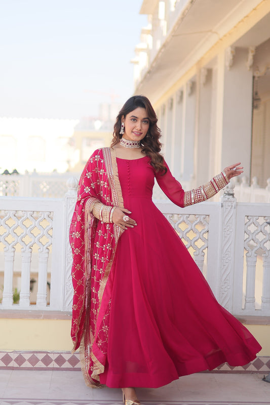 Sonakshi Women's Pink Faux Blooming Sequins Embroidered Anarkali Dress with Dupatta - Swadesiicart