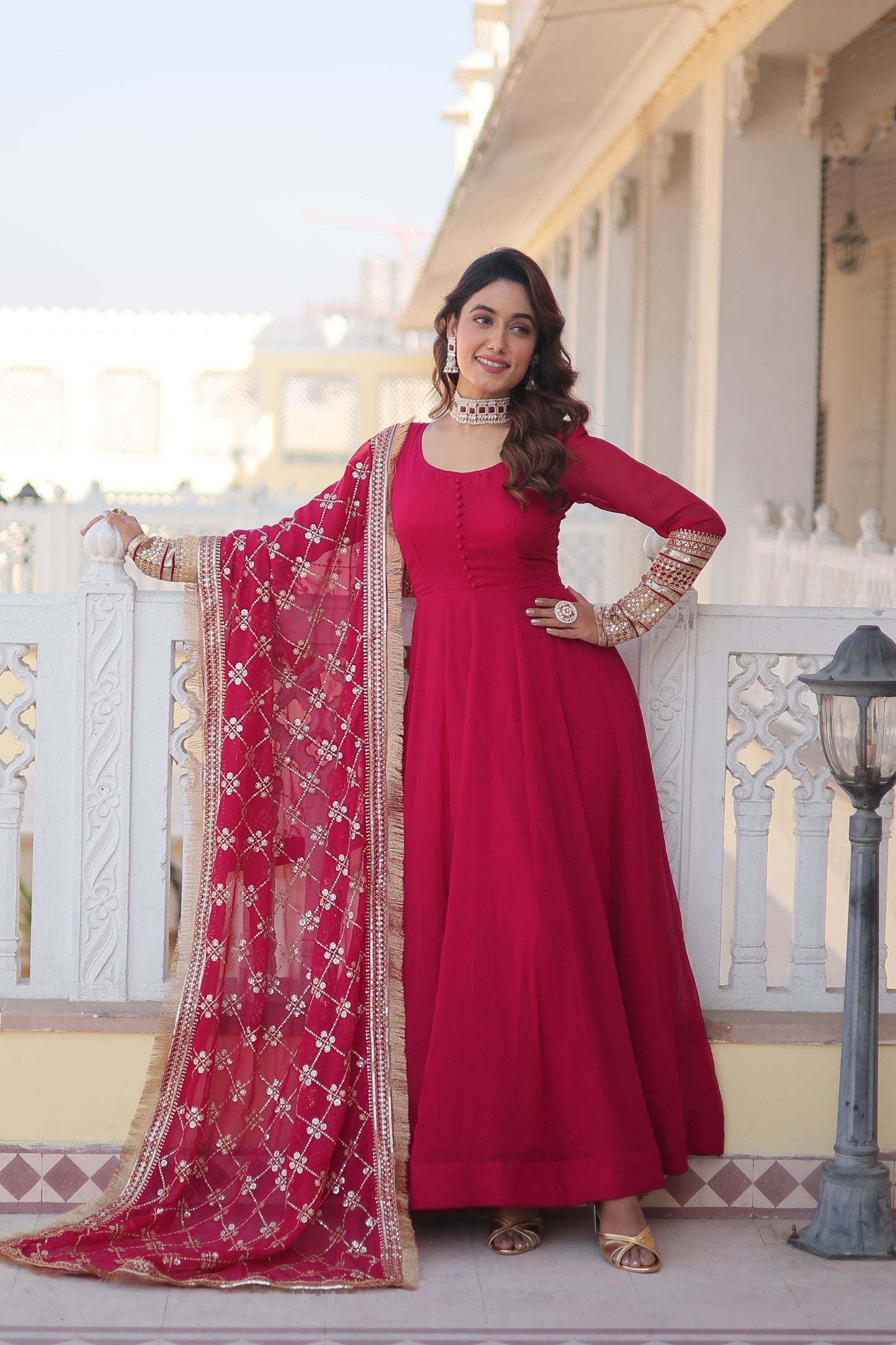 Sonakshi Women's Pink Faux Blooming Sequins Embroidered Anarkali Dress with Dupatta - Swadesiicart