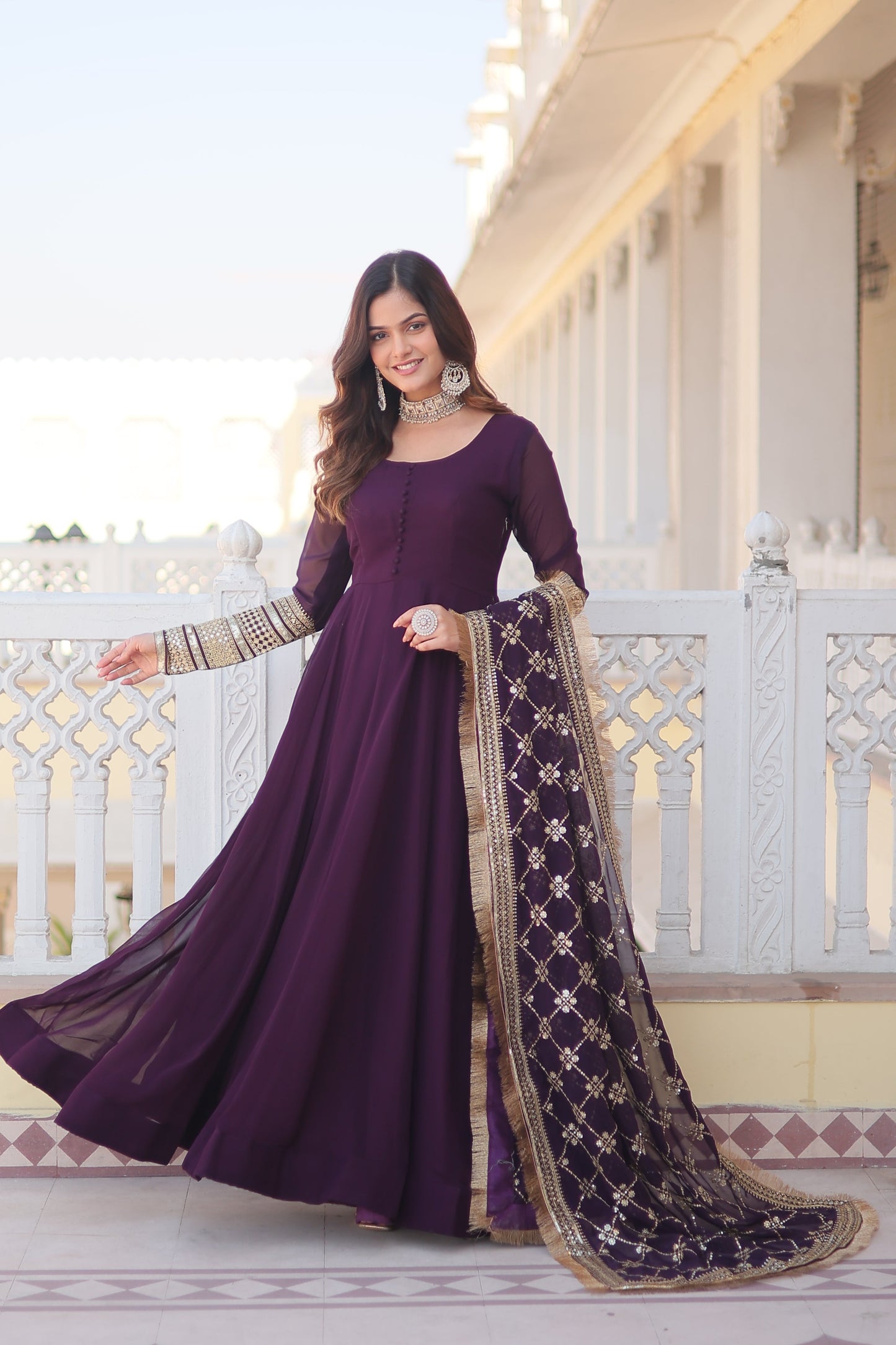 Sonakshi Women's Wine Faux Blooming Sequins Embroidered Anarkali Dress with Dupatta - Swadesiicart