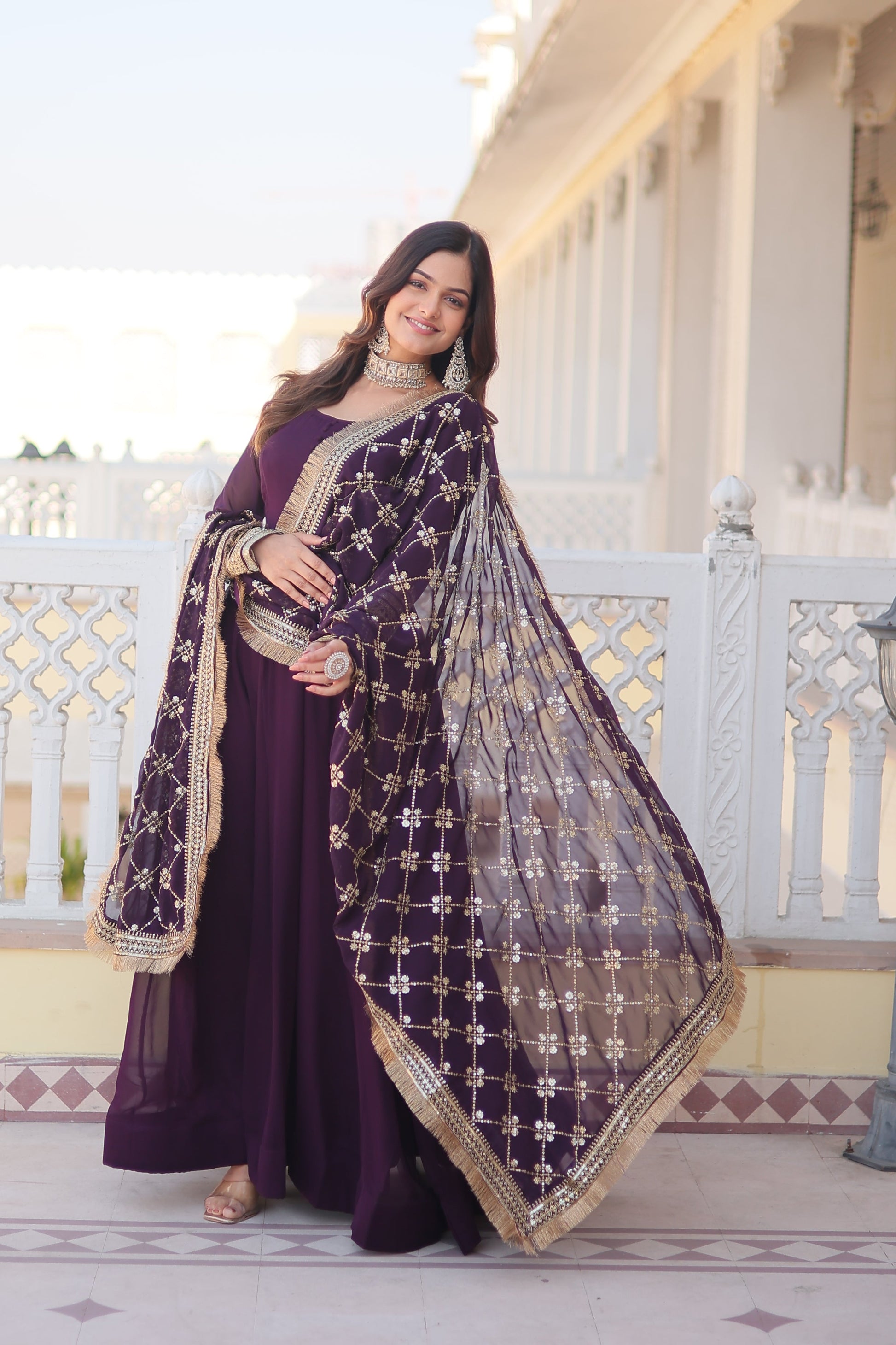 Sonakshi Women's Wine Faux Blooming Sequins Embroidered Anarkali Dress with Dupatta - Swadesiicart