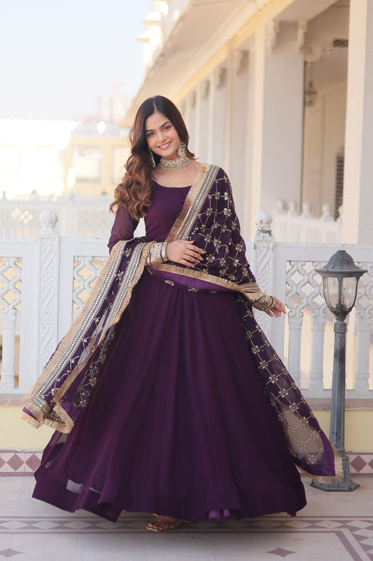 Sonakshi Women's Wine Faux Blooming Sequins Embroidered Anarkali Dress with Dupatta - Swadesiicart