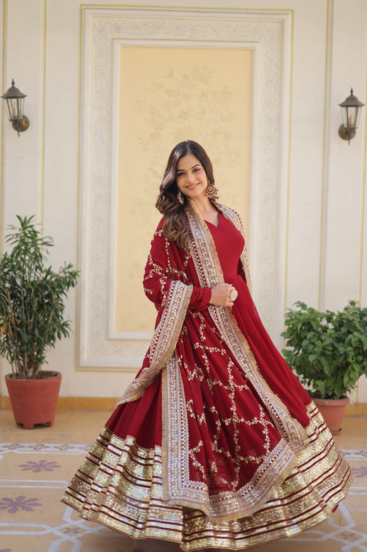 Sonakshi Women's Maroon Faux Blooming Sequins Zari Embroidered Anarkali Dress with Dupatta - Swadesiicart