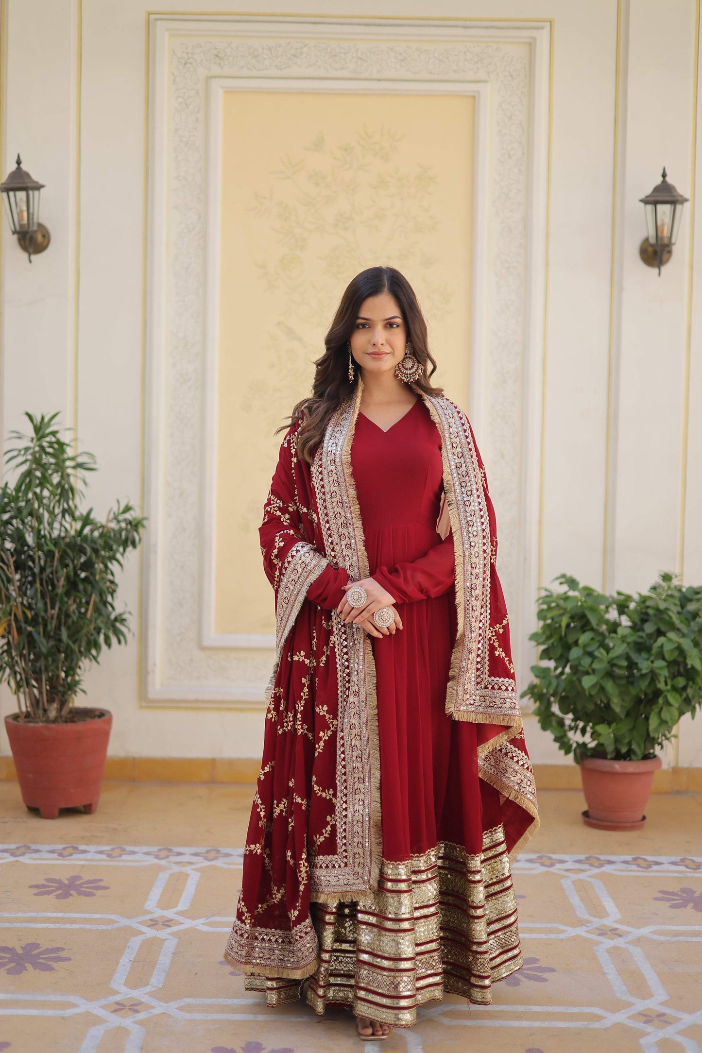 Sonakshi Women's Maroon Faux Blooming Sequins Zari Embroidered Anarkali Dress with Dupatta - Swadesiicart