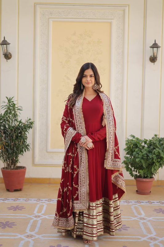 Sonakshi Women's Maroon Faux Blooming Sequins Zari Embroidered Anarkali Dress with Dupatta - Swadesiicart