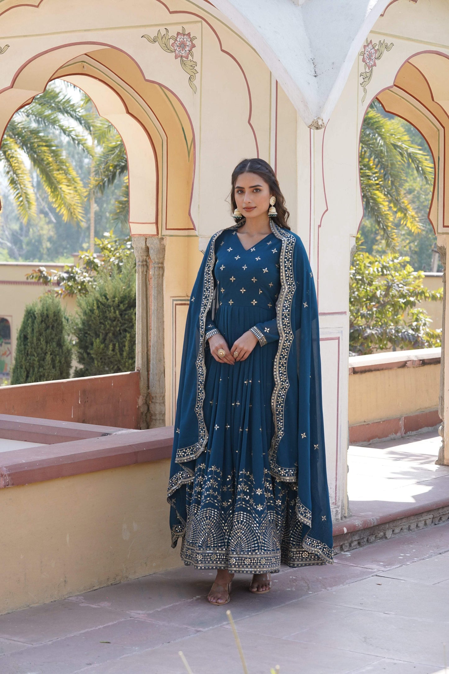 Sonakshi Women's Rama Faux Georgette Sequins Zari Embroidered Anarkali Dress with Dupatta - Swadesiicart