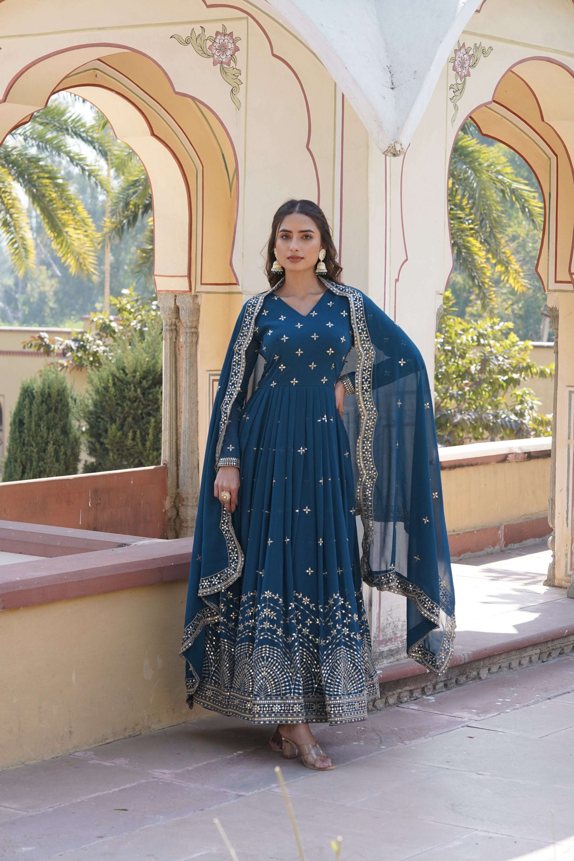 Sonakshi Women's Rama Faux Georgette Sequins Zari Embroidered Anarkali Dress with Dupatta - Swadesiicart