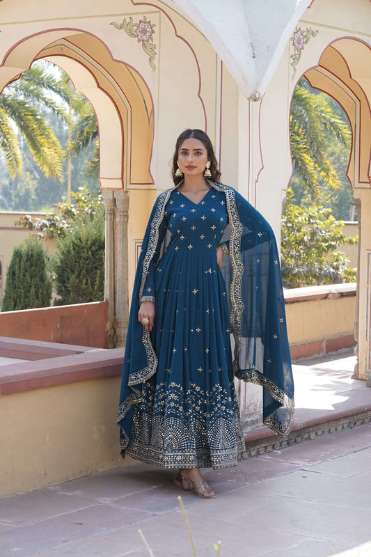 Sonakshi Women's Rama Faux Georgette Sequins Zari Embroidered Anarkali Dress with Dupatta - Swadesiicart