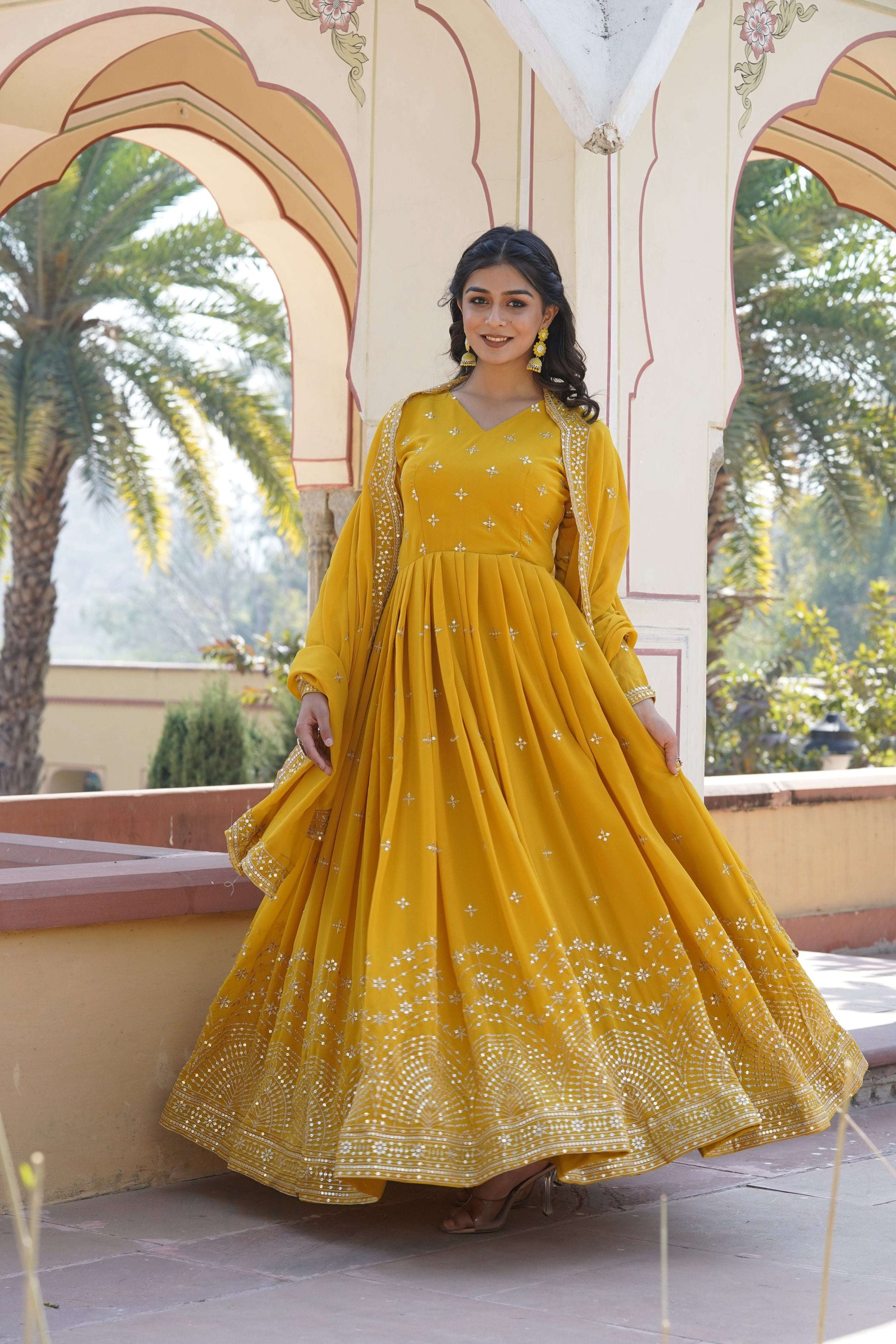 Sonakshi Women's Yellow Faux Georgette Sequins Zari Embroidered Anarkali Dress with Dupatta - Swadesiicart
