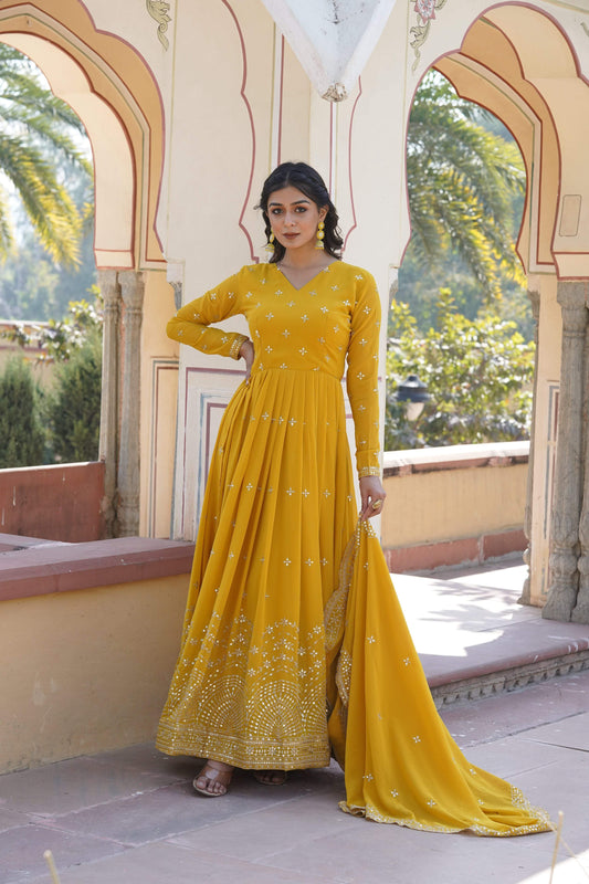 Sonakshi Women's Yellow Faux Georgette Sequins Zari Embroidered Anarkali Dress with Dupatta - Swadesiicart