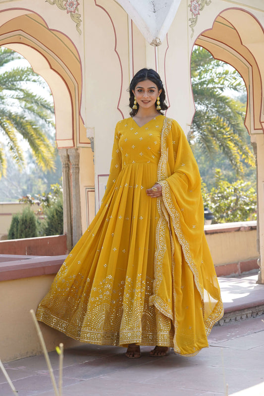 Sonakshi Women's Yellow Faux Georgette Sequins Zari Embroidered Anarkali Dress with Dupatta - Swadesiicart
