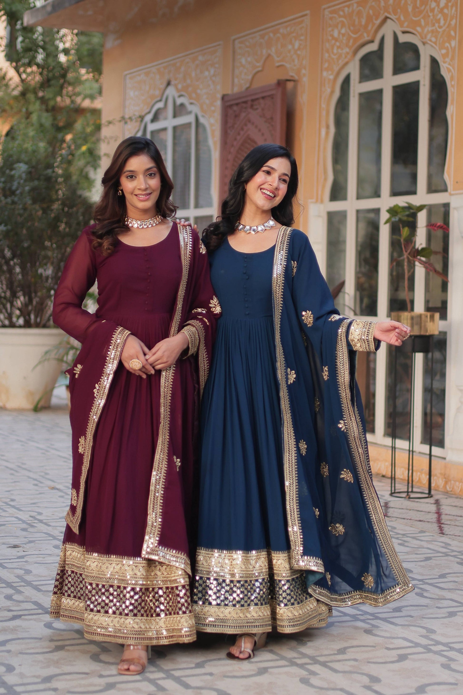 Jyoti Fashion Women's Blue & Wine Faux Blooming Sequins Zari Embroidered Combo Anarkali Sets | Swadesiicart