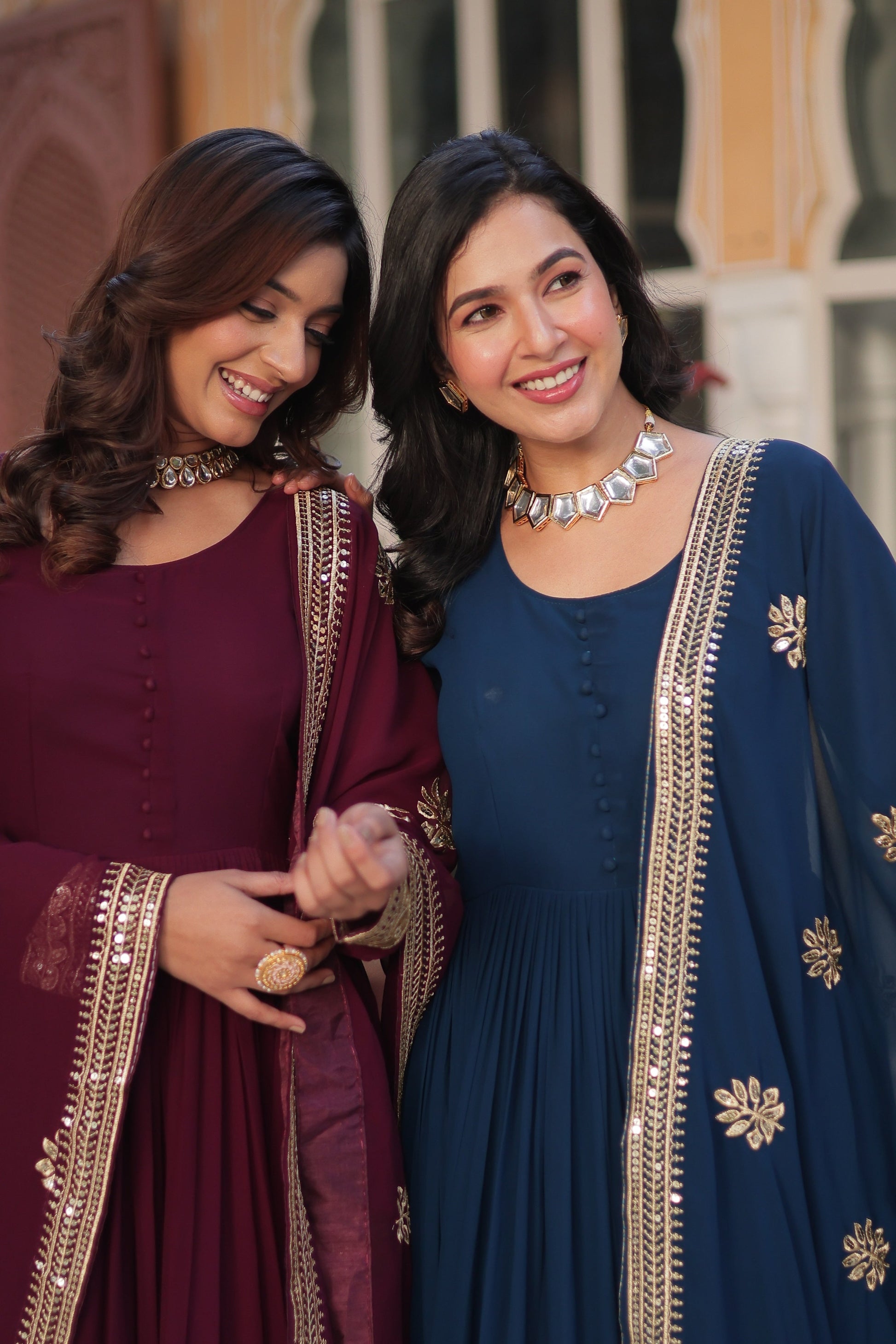 Sonakshi Women's Blue & Wine Faux Blooming Sequins Zari Embroidered Combo Anarkali Sets - Swadesiicart
