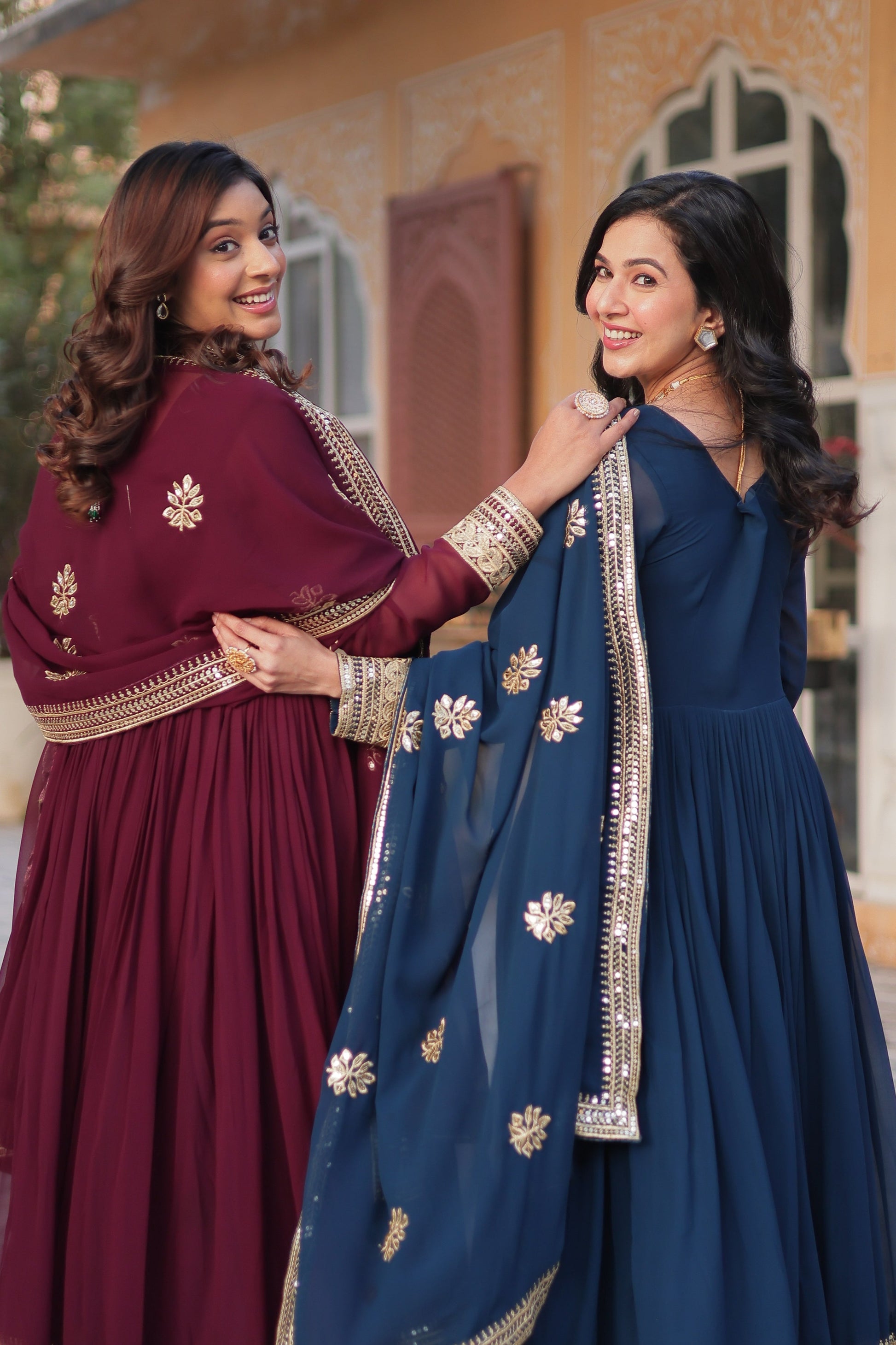 Sonakshi Women's Blue & Wine Faux Blooming Sequins Zari Embroidered Combo Anarkali Sets - Swadesiicart